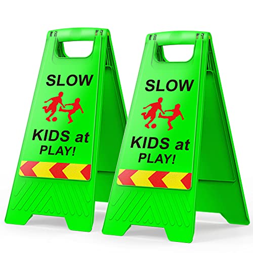 Slow Kids at Play! 2 pack Green Child,Safety Slow-Down-double-sided,signs , Black text and red graphics Easier to identify,Yard Signs for Schools,Neighborhoods,Park,Day Cares, Sidewalk,Driveway