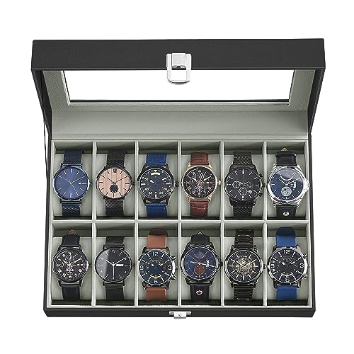 SONGMICS Watch Box, 12-Slot Watch Case with Large Glass Lid, Removable Watch Pillows, Watch Box Organizer, Father's Day Gifts, Black Synthetic Leather, Gray Lining UJWB12BK