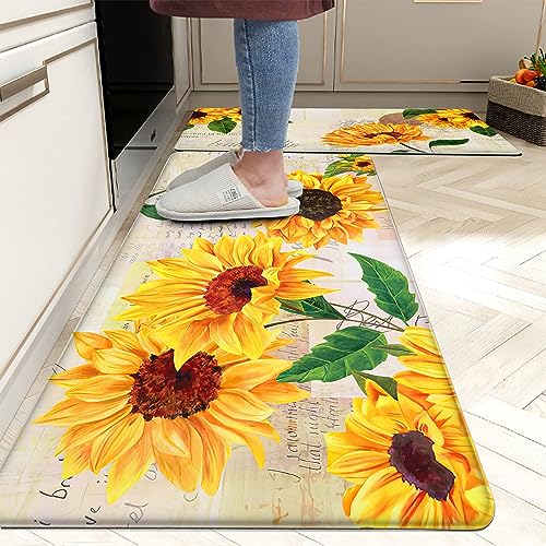 Qahing Sunflower Kitchen Rugs Decor Set of 2 Anti Fatigue Yellow Vintage Floral Farmhouse Non-Skid Kitchen Floor Mats Comfort Standing Mat Waterproof Sink Carpet (17.3 x 28 inch+17.3 x 47 inch)