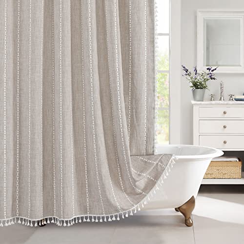 MitoVilla Boho Farmhouse Fabric Shower Curtain, Tan Brown Modern Cotton Linen Shower Curtains for Vintage Country Bathroom Decor, Tassel Weighted & Thick Waterproof Cloth, Taupe, 72 x 72