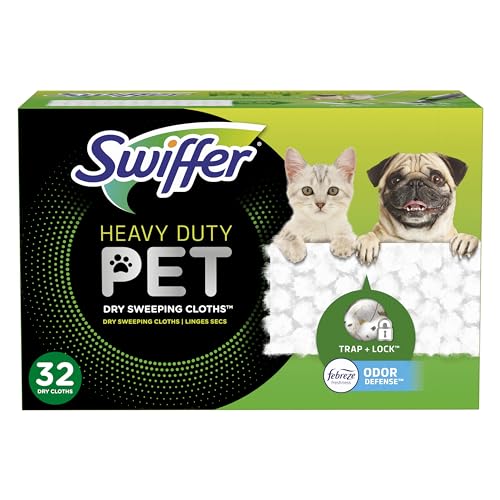 Swiffer Sweeper Pet, Heavy Duty Dry Sweeping Cloth Refills with Febreze Odor Defense, 32 Count, Liquid