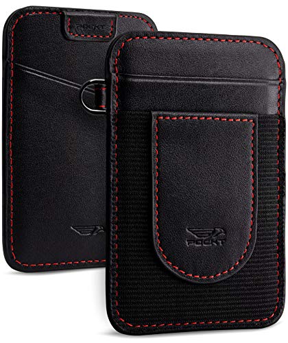 POCKT Card Holder Wallet For Men and Women - Slim Minimalist Front Pocket Wallet Elastic Credit Card Holder Genuine Leather RFID Blocking Card Case Wallets | Black Red