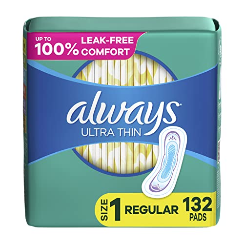 Always Ultra Thin, Feminine Pads For Women, Size 1 Regular Absorbency, Without Wings, Unscented, 44 Count x 3 (132 Count Total)