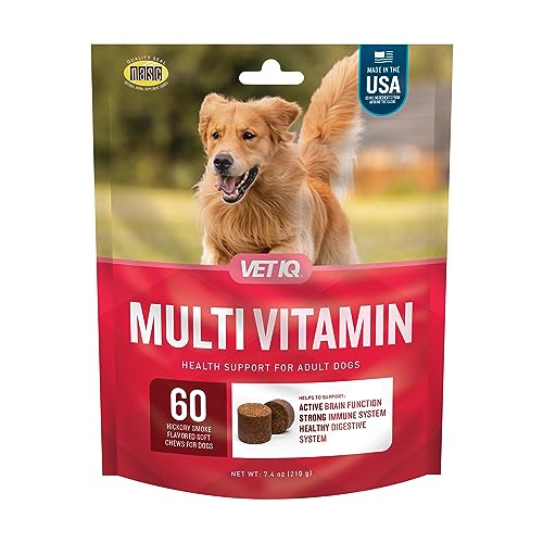 VetIQ Multivitamin Supplement for Dogs, Supports Active Brain Function, Immune System, and Digestive System, Hickory Smoke Flavored Dog Multivitamin, Made in The USA, 60 Count