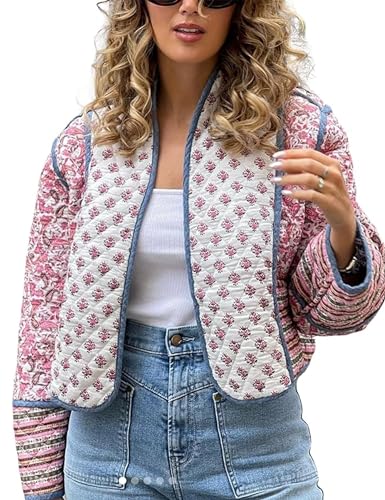 Aimiray Women's Cropped Floral Puffer Jacket Cardigan Printed Lightweight Open Front Padded Quilted Coats(Pink-M)