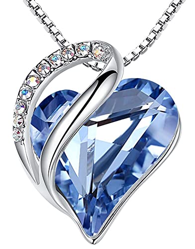 Leafael Women’s Silver Plated Infinity Love Heart Pendant Necklace with Light Sapphire Blue Birthstone Crystal for March & December, Jewelry Gifts for Her, 18+2 inch Chain, Anniversary Necklaces