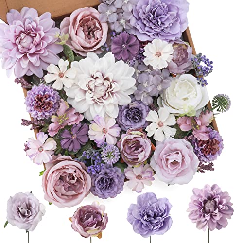 Floweroyal Artificial Flowers Combo Purple Flowers Mix Silk Flowers Dahlia Roses with Stems for DIY Wedding Bridal Bouquets, Baby Shower, Floral Arrangement, Table Centerpieces, Home Decorations.