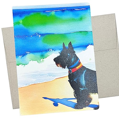 Scottish Terrier Greeting Card with Envelope (5X7 Inches and Blank Inside for All Occasions) colorful notecard of Scottie at the beach for Birthday, Anniversary or to celebrate a Wedding - 256