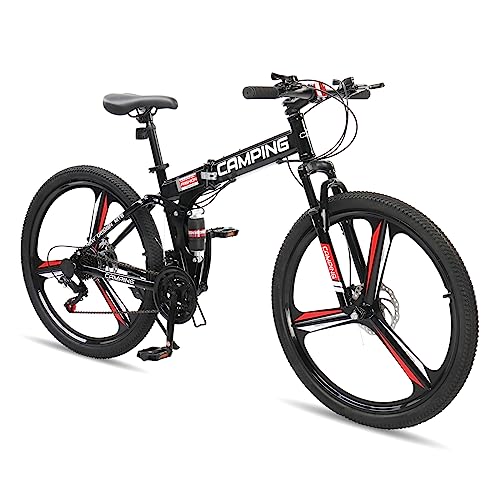 Ktaxon Foldable Mountain Bike 26 Inch Bike 21-Speed Bikes for Adults with Cool Design, Powerful Mechanical Dual Disc Brakes, Double Shock Effect and Ergonomic Cushion (Black)