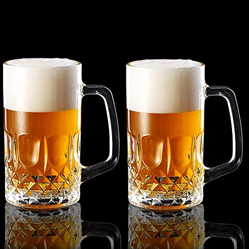 Momugs 20 OZ Beer Stein Mugs, German Clear Large Tall Beer Glasses With Handle for Men, Set of 2