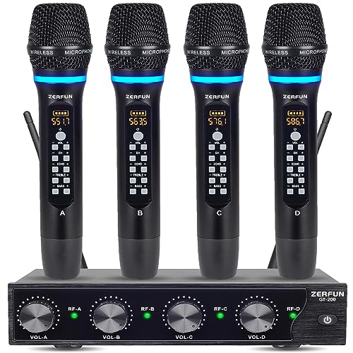 ZERFUN 4 Channel Rechargeable Wireless Microphone System, Pro UHF Metal Handheld Wireless Microphones Cordless Mics with Echo Treble BASS VOL Channel Control for Karaoke Singing Church(GT-200)