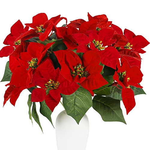 HO2NLE Christmas Artificial Flowers Poinsettia Christmas Decorations Fake Bushes Flower Arrangement for Xmas Christmas Table Centerpieces Vase Fillers Winter Holiday Decoration 3 Bundles