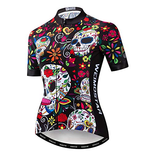 JPOJPO Womens Cycling Jersey Short Sleeve, Ladies Mountain Bike Shirts Bicycle Clothes Outfit Top for Cyclist Biking Cycle Riding Dirt Road BMX MTB Outdoor Running Workout Sports, Skull Medium