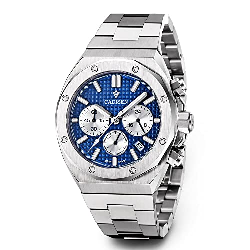 CADISEN Sapphire Men's Watch Quartz Vk63 304Stainless Watch 100M Waterproof Top Brand Casual Business WatchStainless Steel Strap and case (Blue)