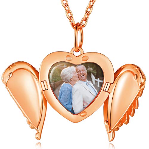 Custom4U Heart Locket Necklace that Holds Pictures Custom Angel Wings Lockets with Photo Rose Gold Pendant Memorial Jewelry Gift for Mom