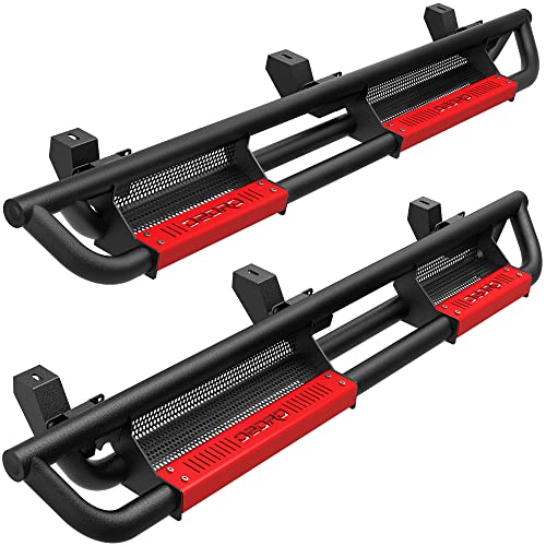oEdRo 6 inch Running Boards Compatible with 2018-2024 Jeep Wrangler JL Unlimited 4 Door，Bolt-on Drop Side Steps Rails，Powder Coated Black and High Gloss Red Nerf Bar