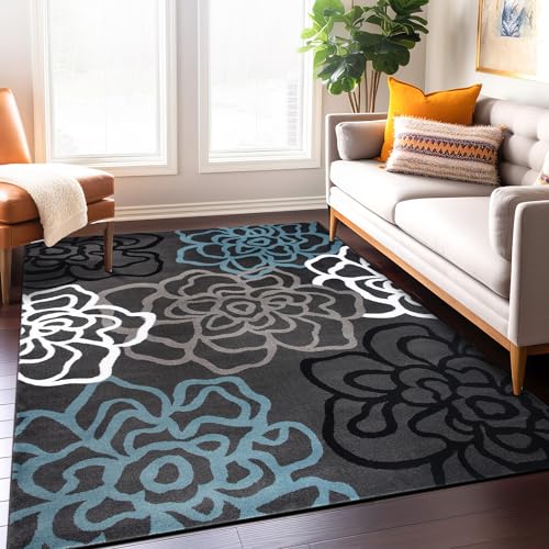 Rugshop Contemporary Modern Floral Abstract Flowers Easy Maintenance for Home Office, Living Room, Bedroom, Kitchen Soft Area Rug 5' 3' X 7' 3' Gray