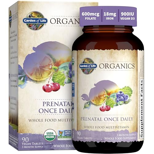 Garden of Life Organics Prenatal Vitamin: Folate for Energy & Healthy Fetal Development, Non-constipating Iron, Vitamin C, B6, B12, D3 – Organic, Non-GMO, Gluten-Free, Vegan, 90 Day Supply