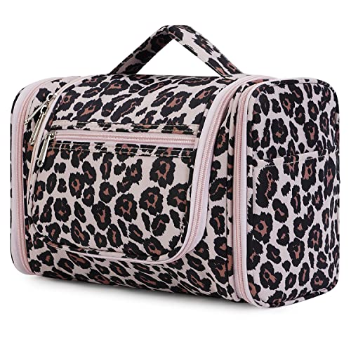 WANDF Large Hanging Toiletry Bag Travel Cosmetic Makeup Organizer Water-Resistant Shower Bathroom Bag for Women and Men (Pink Leopard)