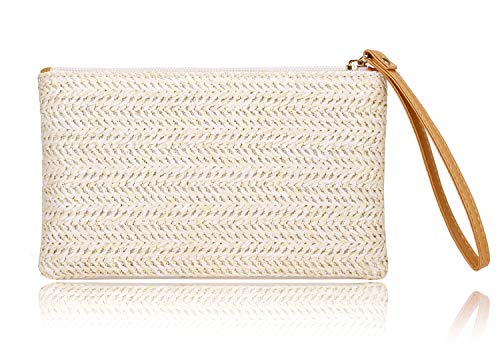 COOKOOKY Women's Straw Clutch Bag Bohemian Zipper Wristlet Summer Beach Sea Purse Wallets (Beige- White)