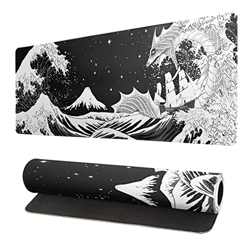 Black and White Japanese Wave Dragon Gaming Mouse Pad - Abstract Mat with Non-Slip Rubber Base, 31.5x11.8 Inch, Stitched Edges - Desk Pad for Office and Home