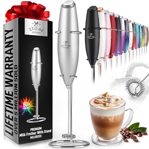 Zulay Powerful Milk Frother Handheld Foam Maker for Lattes - Whisk Drink Mixer for Coffee, Mini Foamer for Cappuccino, Frappe, Matcha, Hot Chocolate by Milk Boss (Silver)