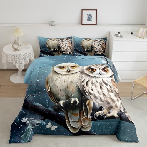 Feelyou Owl Bedding Set for Girls Boys Children 3D Animal Printed Comforter Set Decorative Bird Decor Comforter Cartoon Owls Design Duvet Set Twin Size Quilt Set