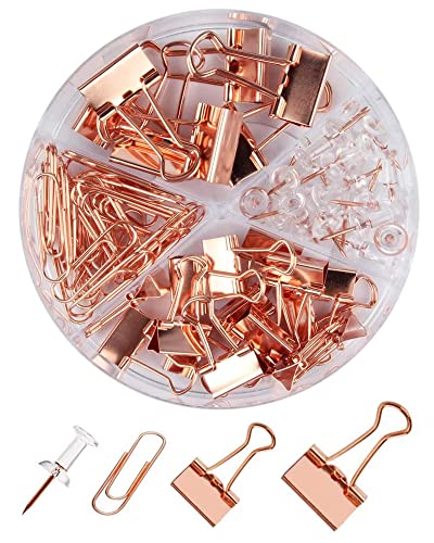 Rose Gold Assorted Binder Clips, Paper Clips, Push Pins Sets, Durable and Rustproof, Paper Clips Sets for Files, Papers, Home Supplies, 72 PCS in Total (Round-Rose-Gold)