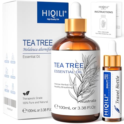 HIQILI Tea Tree Essential Oil (100 ML), 100% Pure for Toenail Fungus, Hair Damage, Add to Shampoo, Body Wash, Conditioner - 3.38 Fl Oz