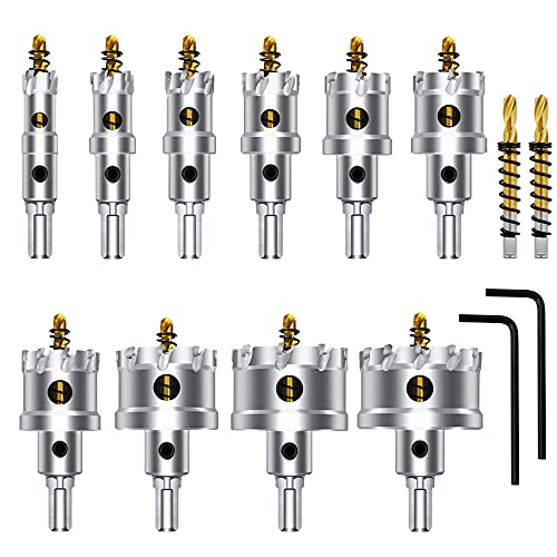 ASNOMY 12PCS TCT Hole Saw Kit for Hard Metal, 5/8'-2-1/8' Inch Tungsten Carbide Tipped Hole Cutter Set with Titanium-Plated Pilot Drill bit for Metal, Stainless Steel, Iron, Wood, Plastic