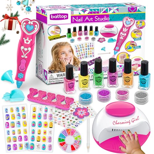 BATTOP Kids Nail Polish Set for Girls, Nail Art Kits with Nail Dryer & Glitter Pen, Quick Dry & Peel Off & Non-Toxic Nail Polish Birthday Gifts for Girls Ages