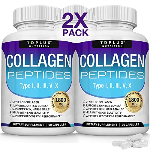Toplux Multi Collagen Peptides Pills 1800 Mg Complex - Type I, II, III, V, X Premium Collagen Complex for Better Skin & Hair, Strong Joint, Hydrolyzed Protein, for Men Women, 90 Capsules, Supplement
