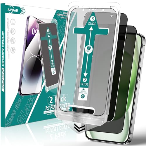 AVOAR 2 Pack Privacy Screen Protector for iPhone 15, [Auto-Alignment Kit] 6.1 Inch Tempered Full Screen Glass, Auto Dust-Elimination Installation, Anti-Spy, Bubble Free, Case Friendly