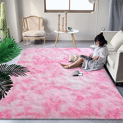 DweIke Extra Large Fluffy Area Rug, 5x8 ft Modern Indoor Carpets for Living Room Bedroom, Plush High Pile Tie-Dyed Rug for Girls Kids Playroom Classroom Nursery Home Décor, Pink