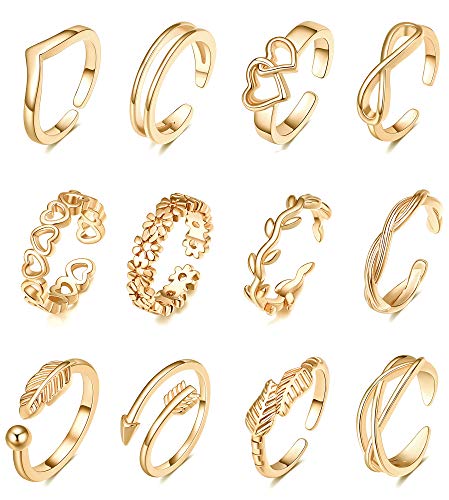 TOBENY 12PCS 14K Gold Plated Adjustable Toe Rings for Women Flower Arrow Band Open Tail Ring Women Beach Foot Jewelry Set