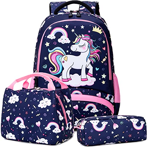 Meisohua Kids Backpack Set for Girls School Bookbag Kids Unicorn Backpack for Girls School Bags with Lunch Bag Unicorn Purse 3 in 1 Set