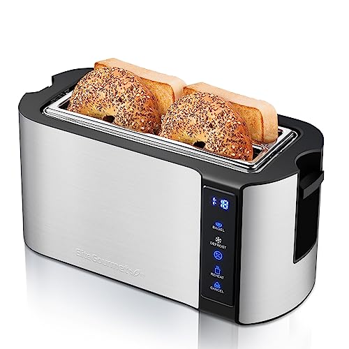 Elite Gourmet ECT5322 Long Slot 4 Slice Toaster, Countdown Timer, Bagel Function 6 Toast Setting, Defrost, Cancel Function, Built-in Warming Rack, Extra Wide Slots for Bagels Waffles, Stainless Steel