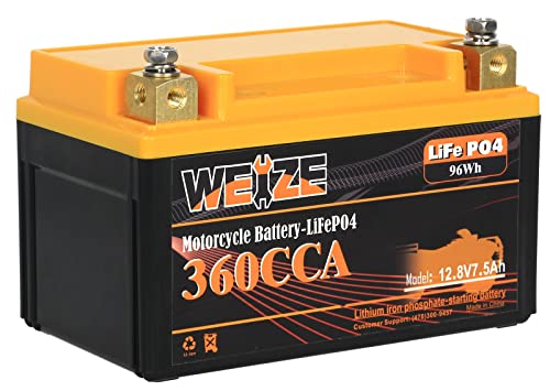 Weize YTX14-BS Lithium Battery, 360CCA, Built-in Smart BMS, 12 Volt 7.5AH YTX9-BS Lithium LiFePO4 Motorcycle Battery, YTX12-BS ATV Battery Compatible with Honda Suzuki Yamaha