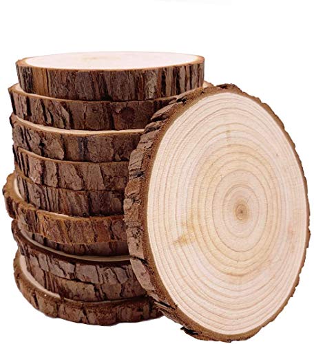 Unfinished Natural with Tree Bark Wood Slices 10 Pcs 4.2-4.7 inch Disc Coasters Wood Coaster Pieces Craft Wood kit Circles Crafts Christmas Ornaments DIY Crafts with Bark for Crafts Rustic Wedding