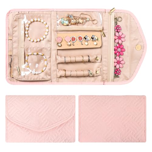 FUNARTY Travel Jewelry Organizer, Foldable Jewelry Bag for Necklaces, Journey-Rings, Bracelets, Earrings, Pink