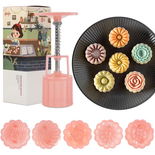 AIKEFOO Cookie press mold Chinese Traditional Mid-Autumn Mooncake Mold Set.5 Pcs Mode Pattern for 1 Sets 50g Different Round Flower Patterns Are Used For Homemade Biscuit Stamping Machine Cake Cutter.