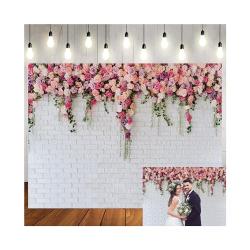 LTLYH 5x3ft White Brick Wall Flowers Backdrop Valentine's Day Theme Photography Backdrop Mother's Day Wedding Bridal Baby Shower Birthday Party Decor Banner 134