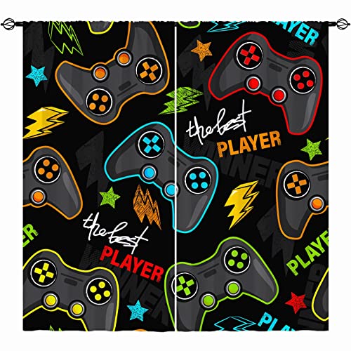 YUANZU Gaming Curtains Rod Pocket Boys Kids Gamer Gamepad Abstract Video Game Player Joystick Print Pattern Window Drapes for Man Teen Youth Nursery Baby Bedroom Playroom W42 x L63 Inch 2 Panels