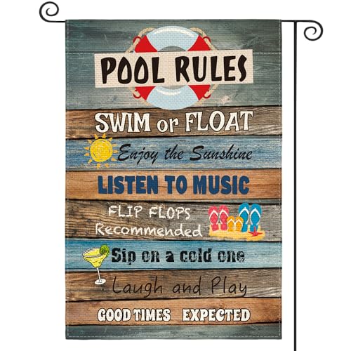 AVOIN colorlife Summer Pool Rules Slogan Wood Garden Flag Double Sided, Swim Or Float Enjoy The Sunshine Yard Outdoor Decoration 12 x 18 Inch