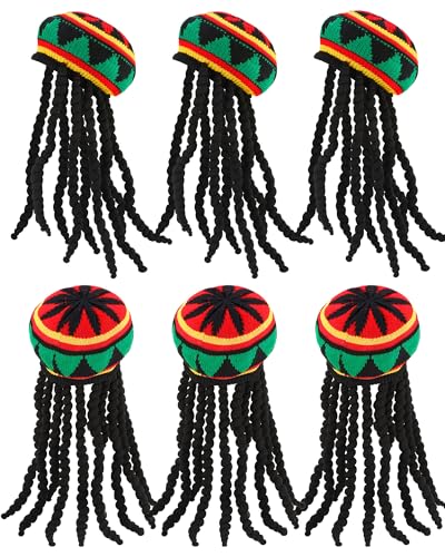 Hicarer 6 Pcs Halloween Rasta Hat with Black Dreadlocks Rasta Wig with Cap Reggae Jamaican Hat with Long Braided Synthetic Hair for Party Costume Accessory