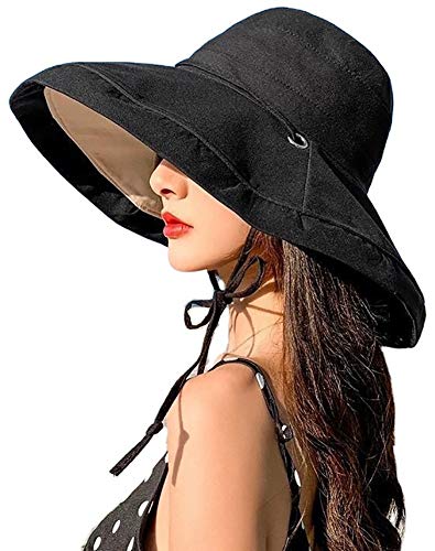 Women's Sun Hat Packable Reversible Bucket Hat UV Sun Protection Wide Brim Summer Beach Cap (Black)