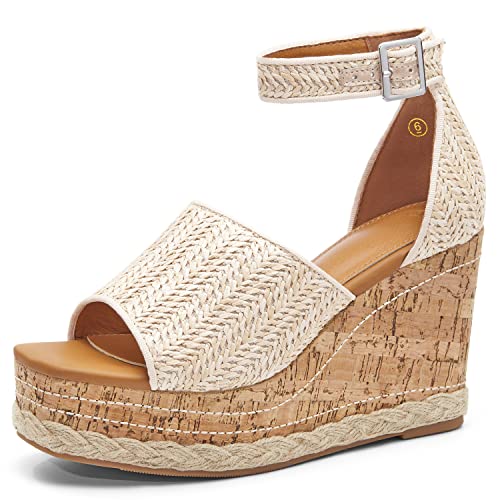 R.gallica Women's Open Square Toe Wedge Platform Espadrille Ankle Buckle Strappy Cork Sole Braided Summer Sandals