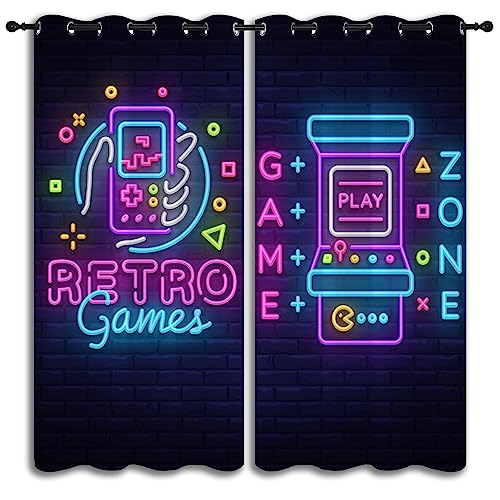 Neon Art Retro Game and Arcade Game Grommet Blackout Curtains for Boy Girl Bedroom,Video Gaming Gamepad and Wall Background Energy Efficient Window Drapes for Living Room Noise Reducing, 55x63in