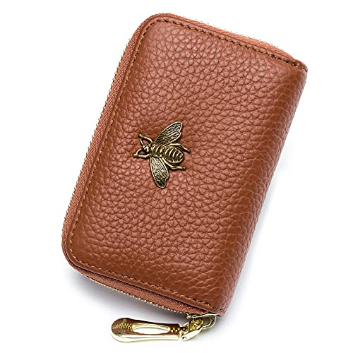 imeetu RFID Credit Card Holder, Small Leather Zipper Card Case Wallet for Women(Brown)