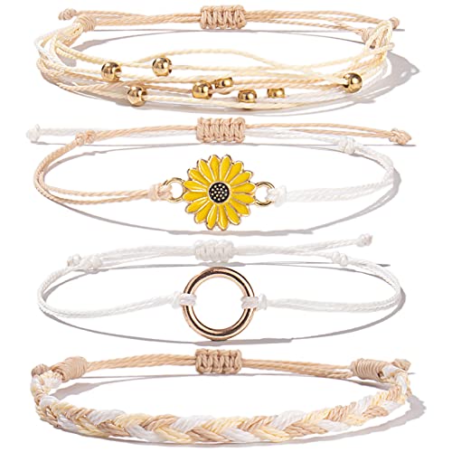 FANCY SHINY Sunflower String Bracelet Handmade Braided Rope Charms Boho Surfer Bracelet for Teen Girls Women(Wheat)
